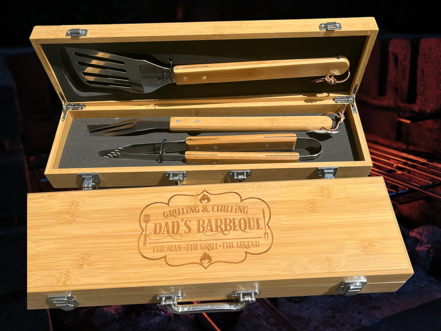 3PC grilling set in bamboo wood case